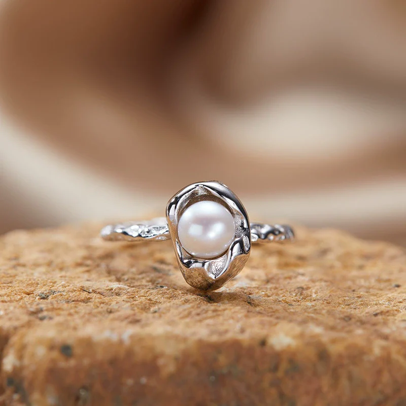 Women's S925 Sterling Silver Freshwater Pearl Ring With Geometric Ushaped Pattern Set With Gems Plated With 18K Gold - Image 3