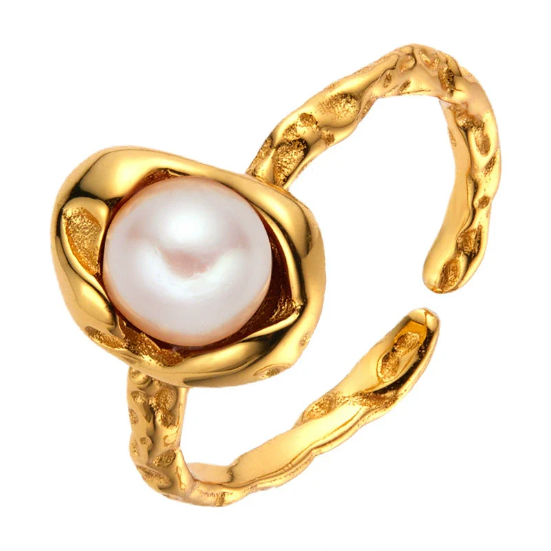 Women's S925 Sterling Silver Freshwater Pearl Ring With Geometric Ushaped Pattern Set With Gems Plated With 18K Gold - Image 5