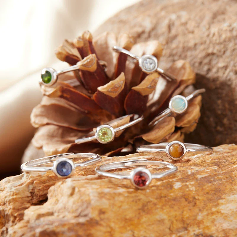 Women's S925 Sterling Silver Geometric Gemstone Ring Set With Natural Sapphire Ruby Garnet