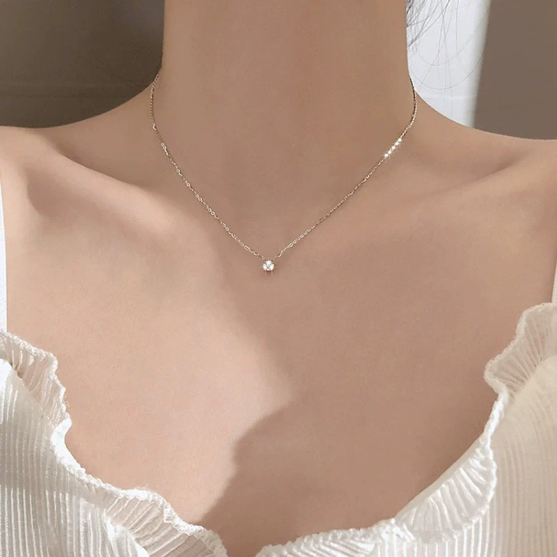 Women's S925 Sterling Silver Geometric Single Diamond Necklace Simple Style - Image 2