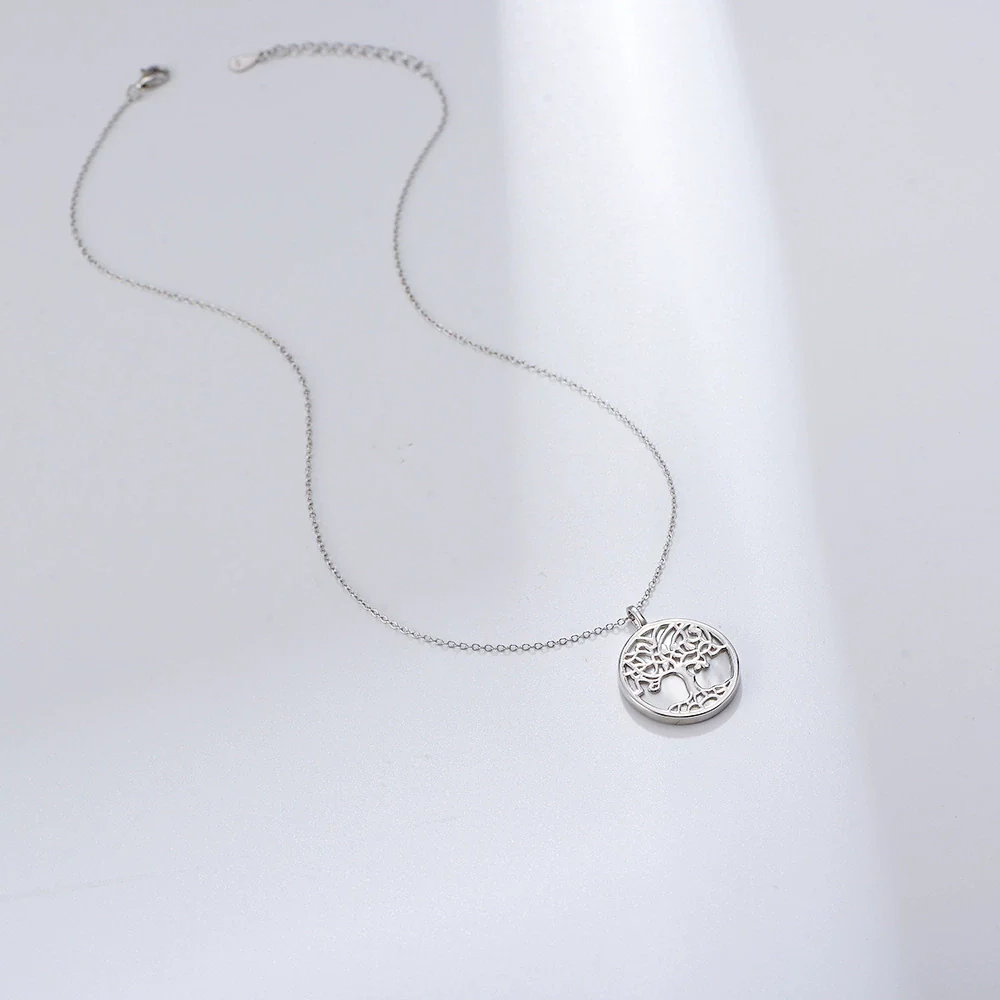 Women's S925 Sterling Silver Geometric Tree Of Life Pendant Necklace With Cross Chain And Natural Shell - Image 2