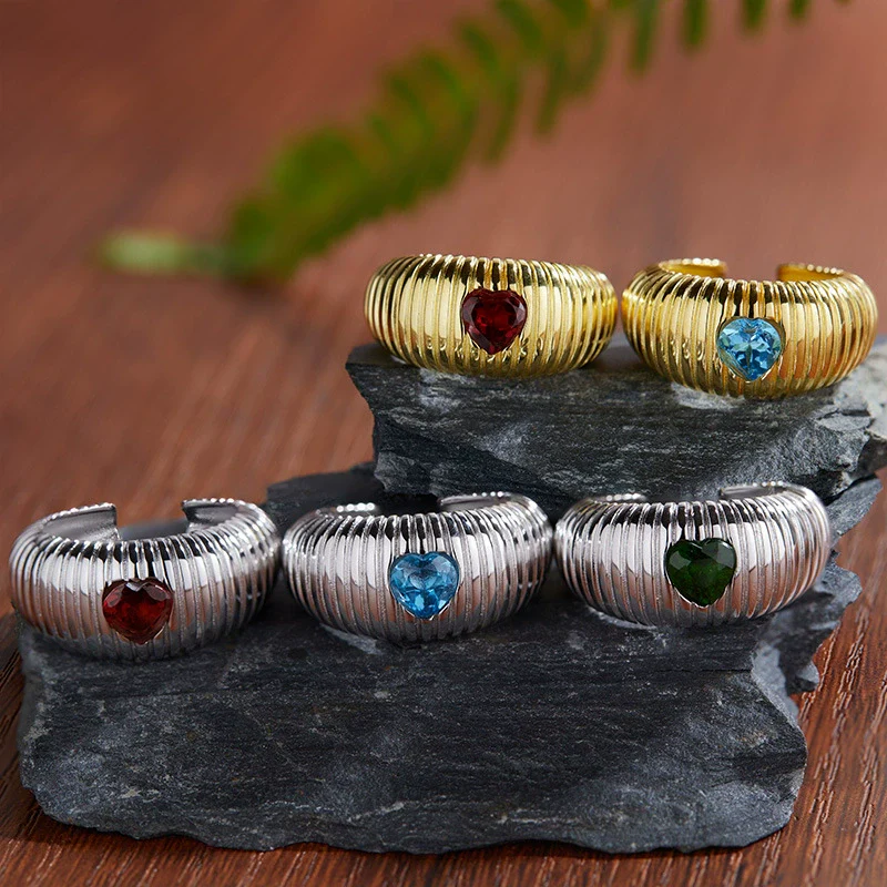 Women's S925 Sterling Silver Inlaid Natural Garnet Diopside Topaz Heart Ring With Geometric And Floral Patterns