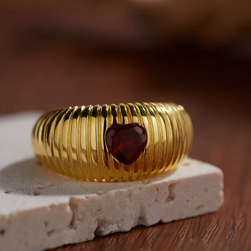 Women's S925 Sterling Silver Inlaid Natural Garnet Diopside Topaz Heart Ring With Geometric And Floral Patterns - Image 6