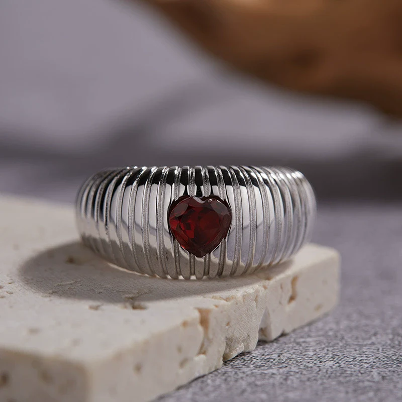 Women's S925 Sterling Silver Inlaid Natural Garnet Diopside Topaz Heart Ring With Geometric And Floral Patterns - Image 8