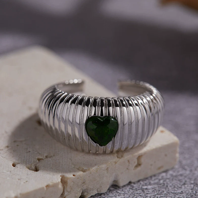 Women's S925 Sterling Silver Inlaid Natural Garnet Diopside Topaz Heart Ring With Geometric And Floral Patterns - Image 9