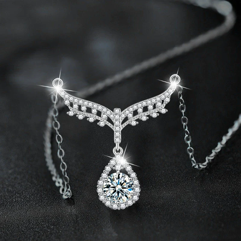 Women's S925 Sterling Silver Moissanite Water Drop And U Shape Fashion Geometric Pendant Necklace With Cross Chain