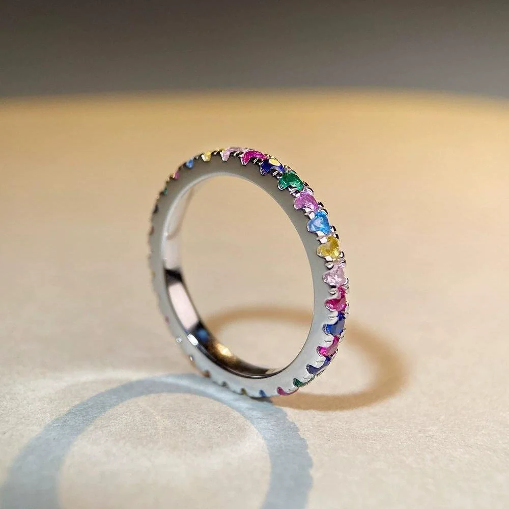 Women's S925 Sterling Silver Ring Geometric Style Rainbow Zircon Electroplated - Image 2