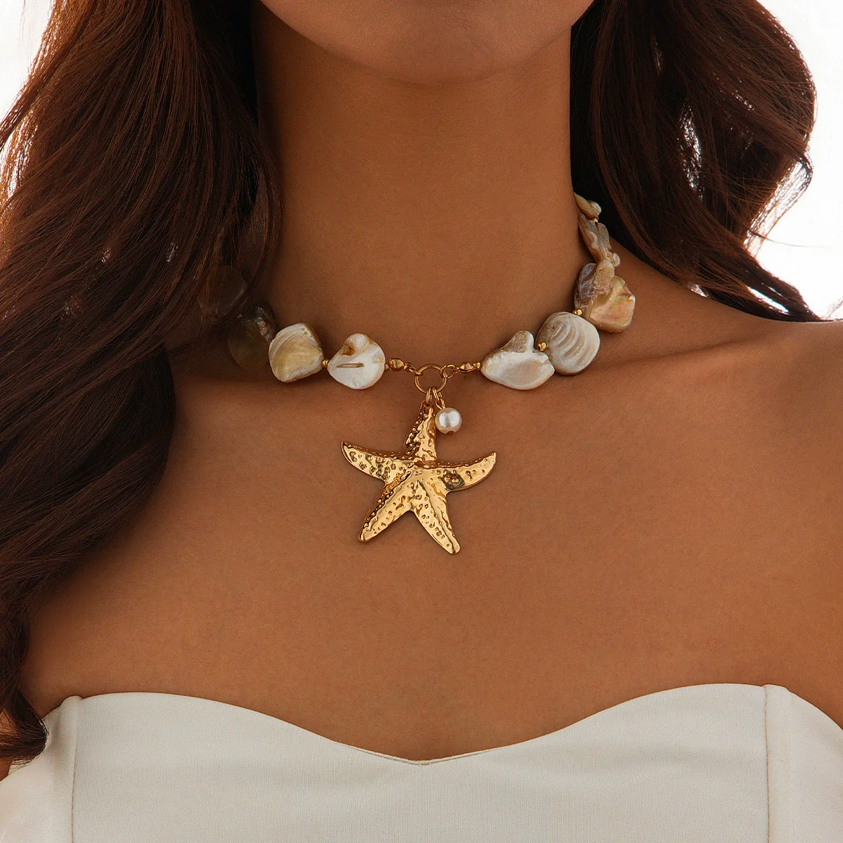 Women's Shell Imitation Pearl Alloy Animals Zodiac Signs Handmade Starfish Conch Necklace - Image 8