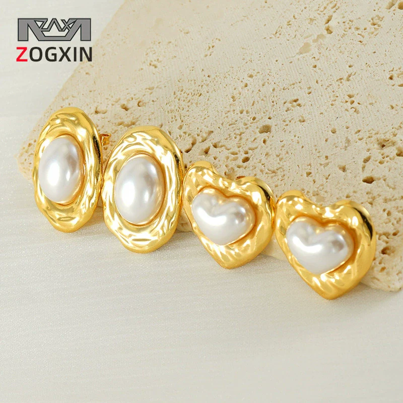 Women's Simple Elegant Light Luxury 316L Stainless Steel Heartshaped Titanium Steel Pearl Earrings With Geometric Design And Electroplating