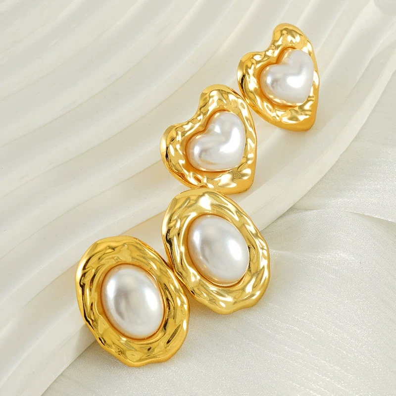 Women's Simple Elegant Light Luxury 316L Stainless Steel Heartshaped Titanium Steel Pearl Earrings With Geometric Design And Electroplating - Image 2