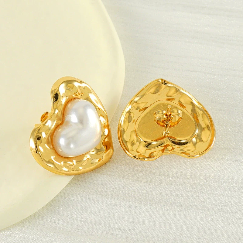 Women's Simple Elegant Light Luxury 316L Stainless Steel Heartshaped Titanium Steel Pearl Earrings With Geometric Design And Electroplating - Image 4