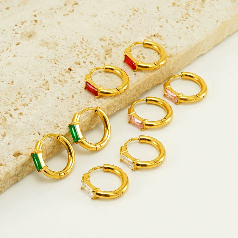 Women's Simple Fashion Square Zircon Inlaid 316L Stainless Steel 18K Gold Plated Geometric Earrings - Image 2
