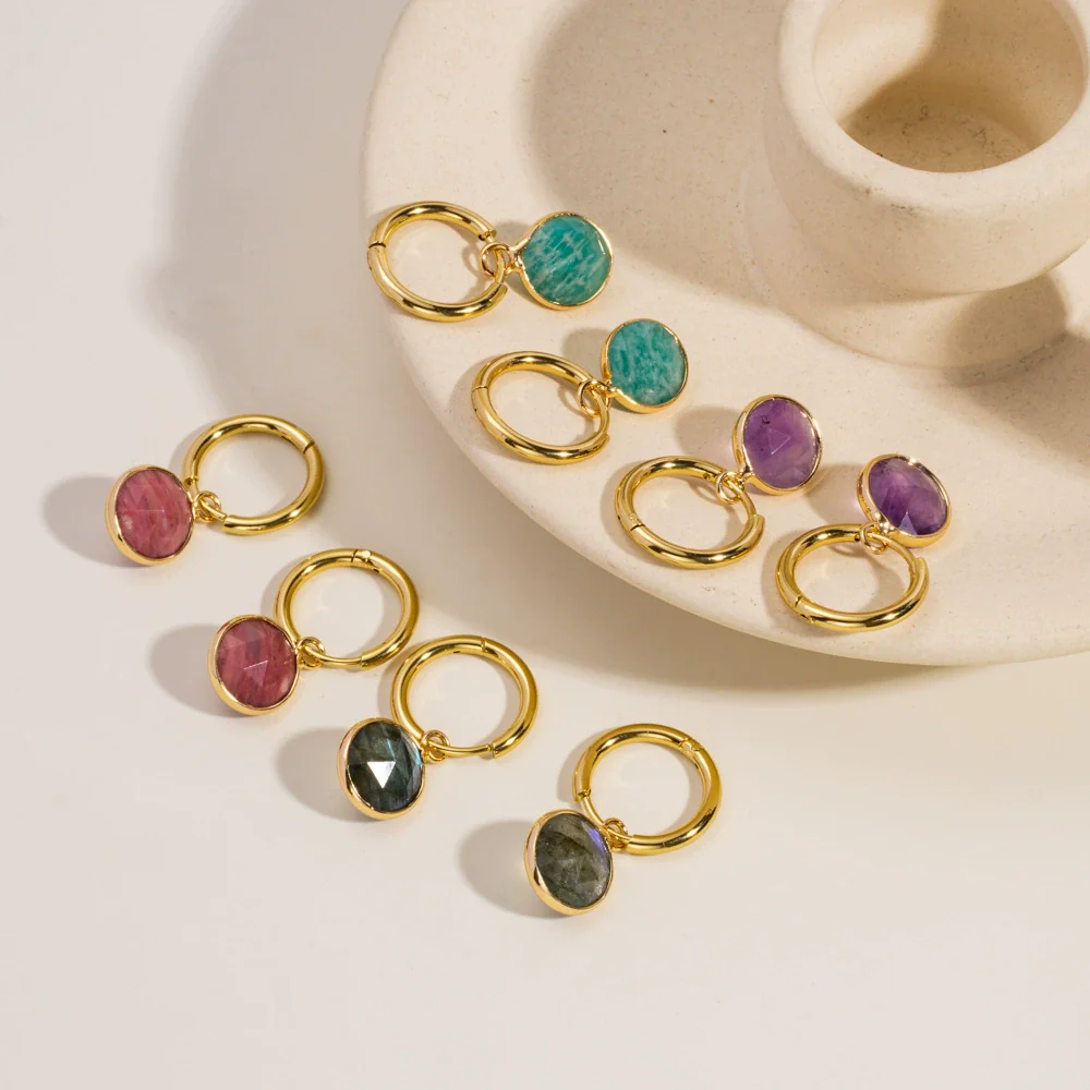 Women's Simple Geometric Natural Stone And Copper Earrings Set With Gemstones - Image 2
