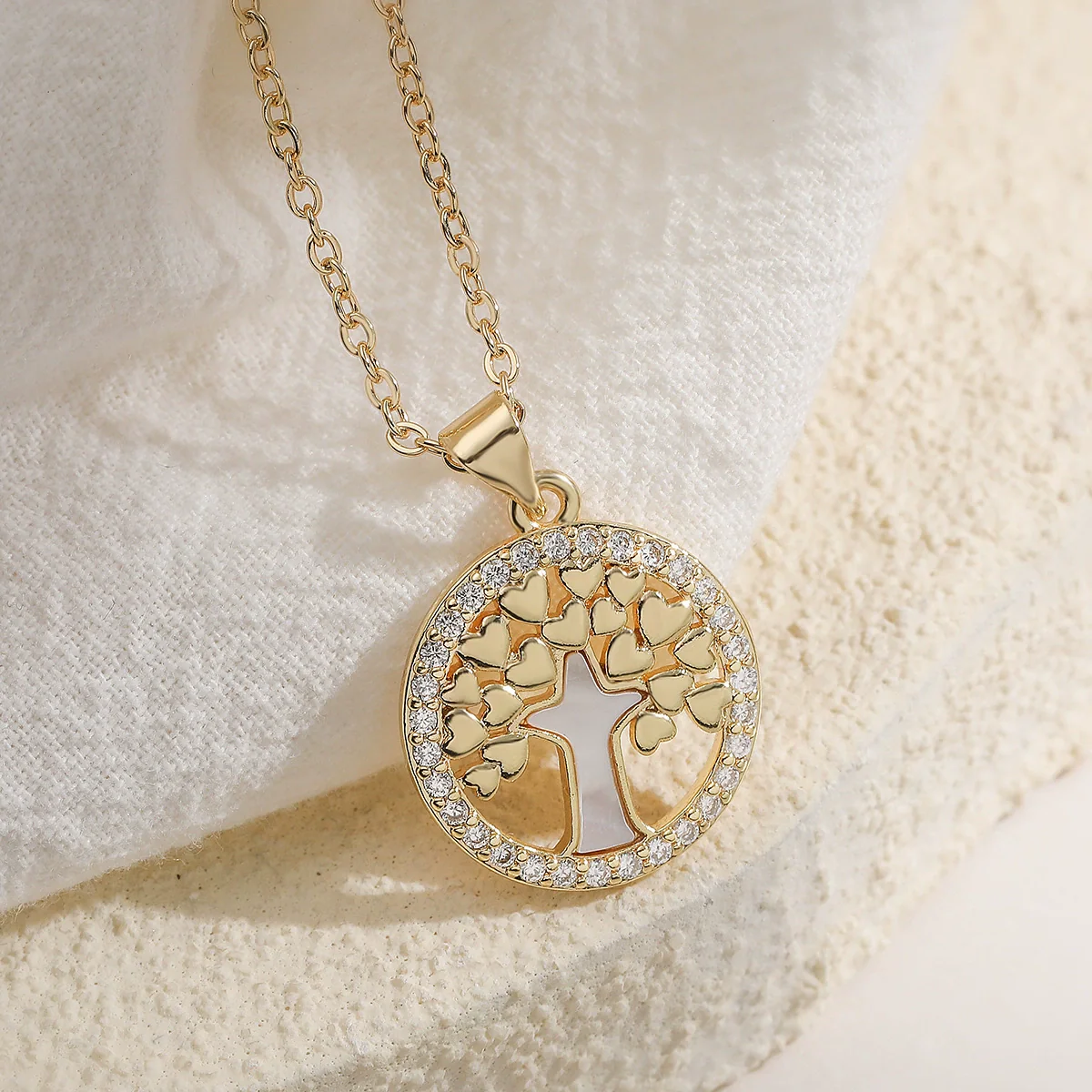 Women's Simple Geometric Tree Of Life Pendant Necklace With Copper Plated Real Gold And Zircon Shell - Image 7