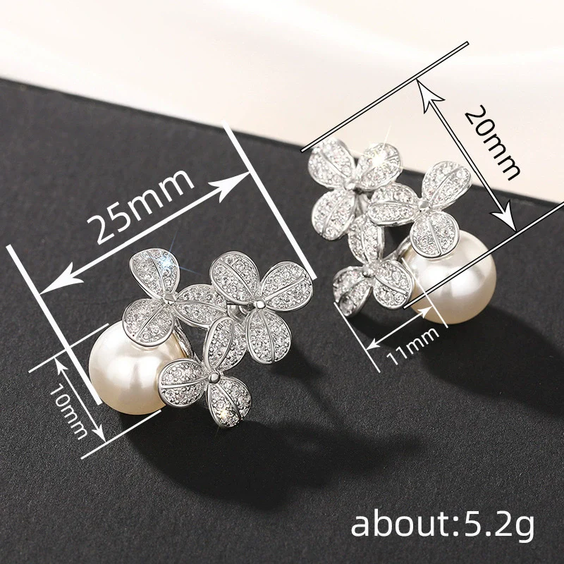 Women's Small Fresh Copper Imitation Pearl Earrings With Flower And Geometric Patterns And Zirconia Design - Image 4