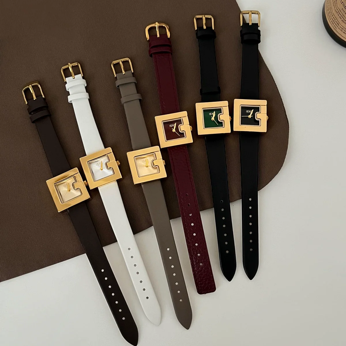 Women's Square Alloy Belt Watch With Imitation Leather Strap And Stainless Steel Buckle In Retro Style - Image 5