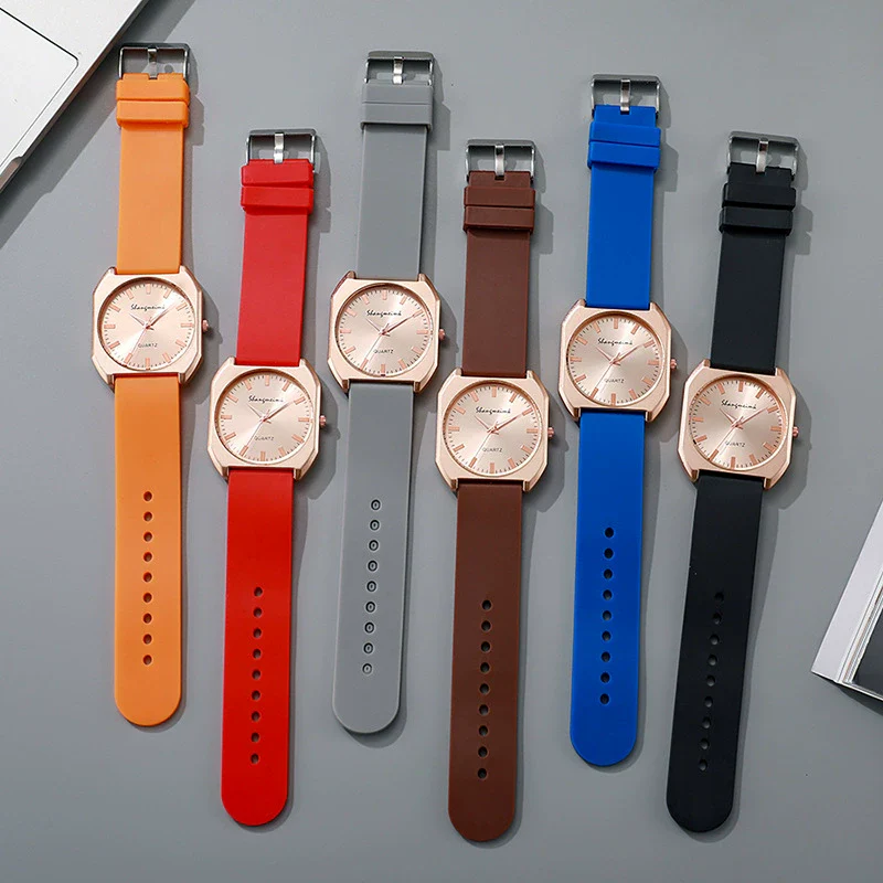 Women's Square Alloy Case And Silicone Band Quartz Watch With Spiral Crown And Horseshoe Buckle - Image 4