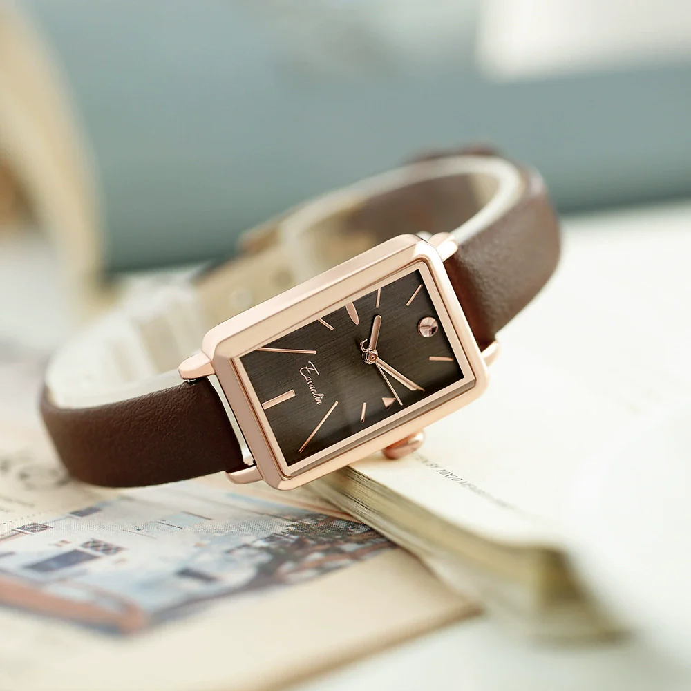 Women's Square Alloy Pu Rose Gold Watch Retro Simple Light Luxury Niche New Style Printed Logo Waterproof Mineral Strengthened Mirror Pin Buckle Spiral Crown - Image 3
