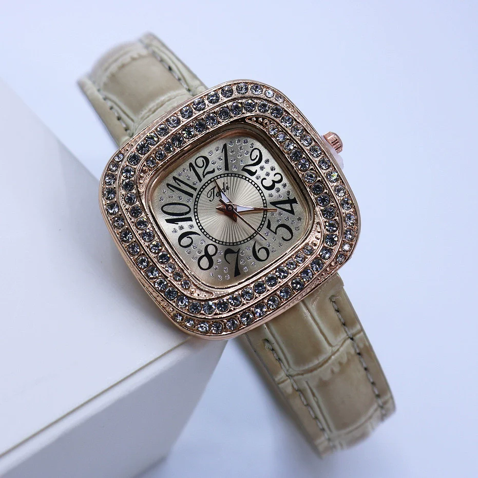 Women's Square Alloy Quartz Watch With Rhinestones And Pu Strap - Image 2