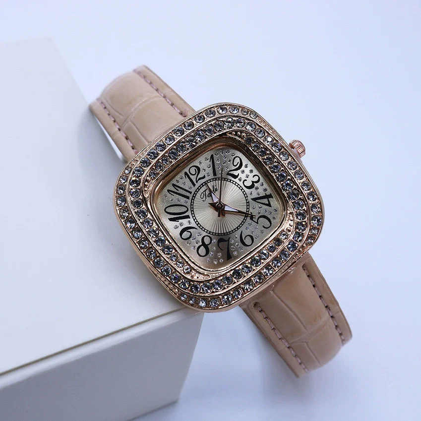 Women's Square Alloy Quartz Watch With Rhinestones And Pu Strap - Image 8