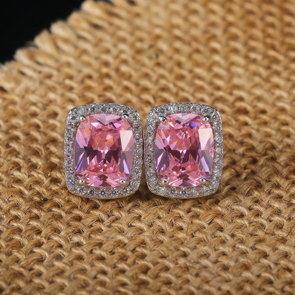 Women's Square Earrings Jewelry Copper Inlaid With Pink Zircon Geometric Style - Image 2