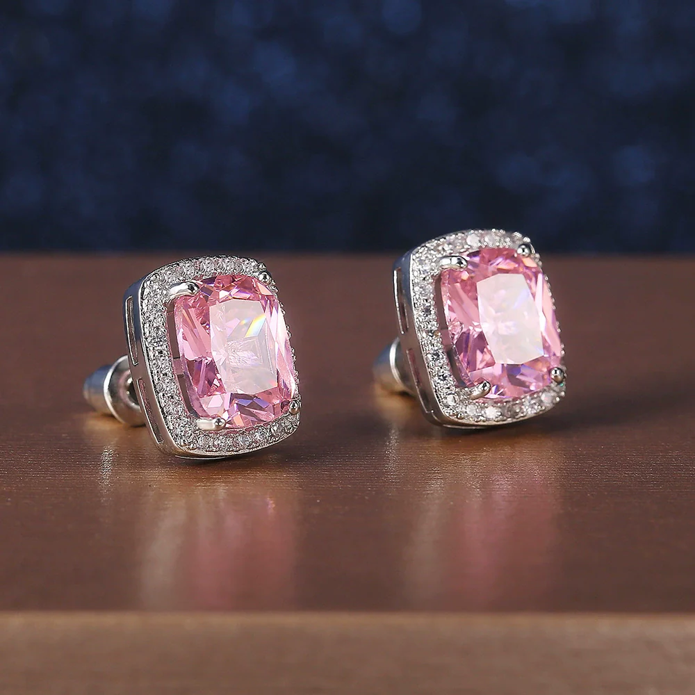 Women's Square Earrings Jewelry Copper Inlaid With Pink Zircon Geometric Style - Image 4