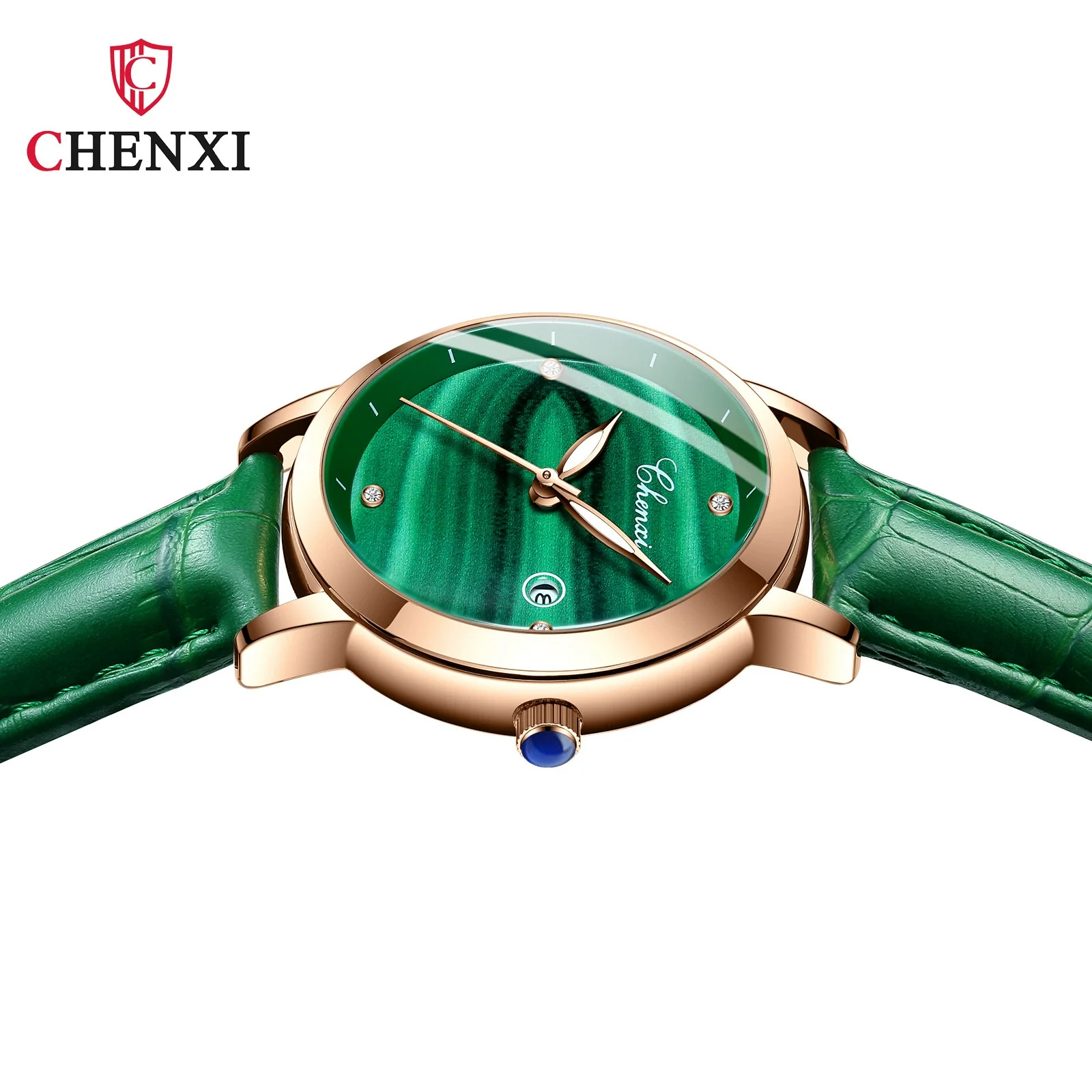 Women's Square Genuine Leather Fashion Waterproof Watch With Peacock Green Stone Pattern - Image 4
