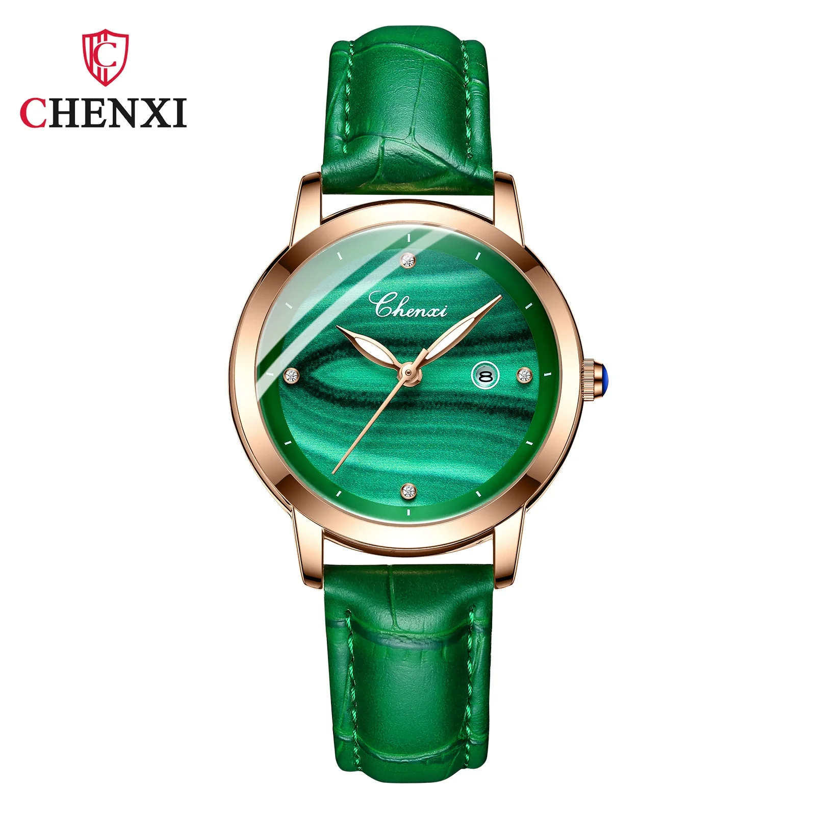 Women's Square Genuine Leather Fashion Waterproof Watch With Peacock Green Stone Pattern - Image 5