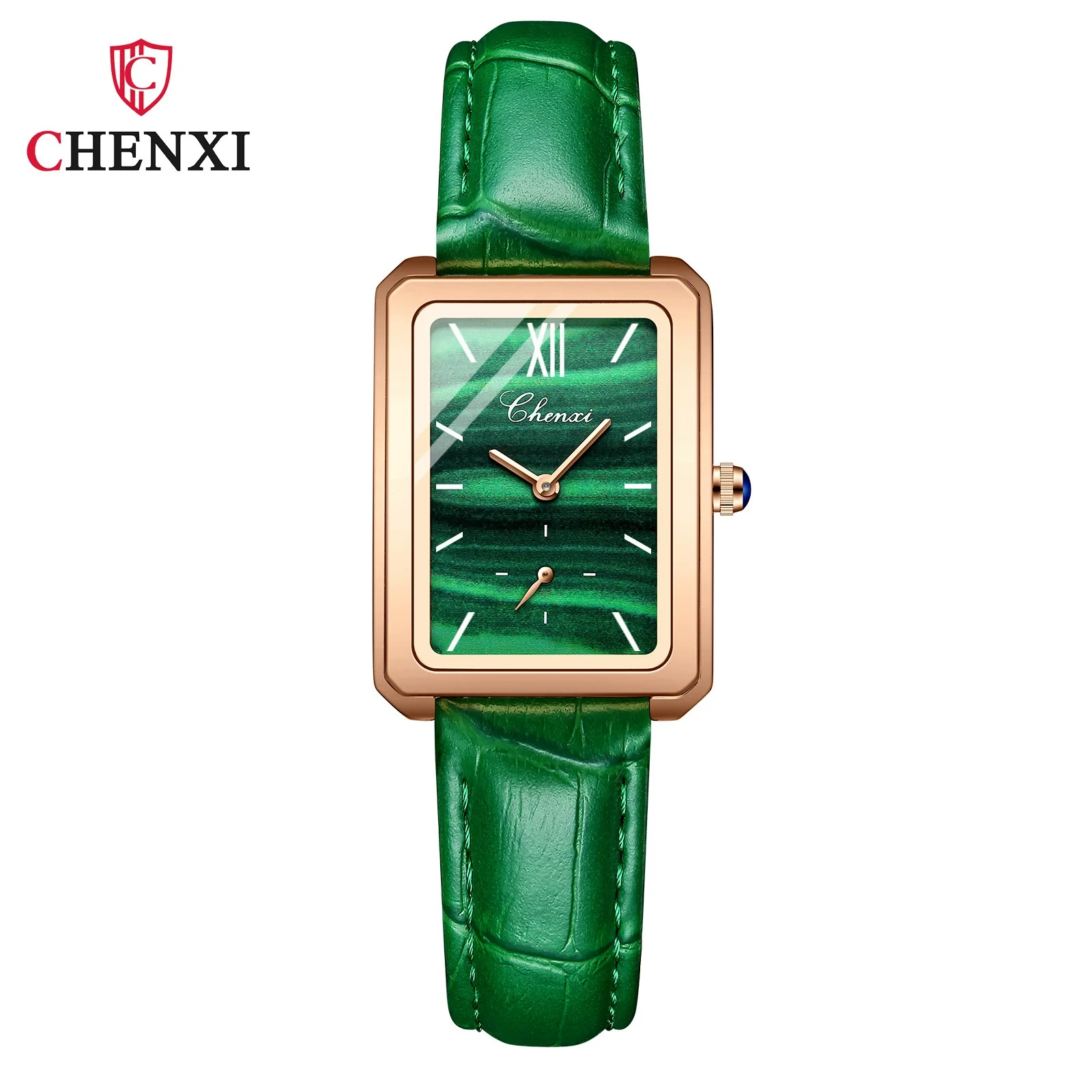 Women's Square Genuine Leather Fashion Waterproof Watch With Peacock Green Stone Pattern - Image 6