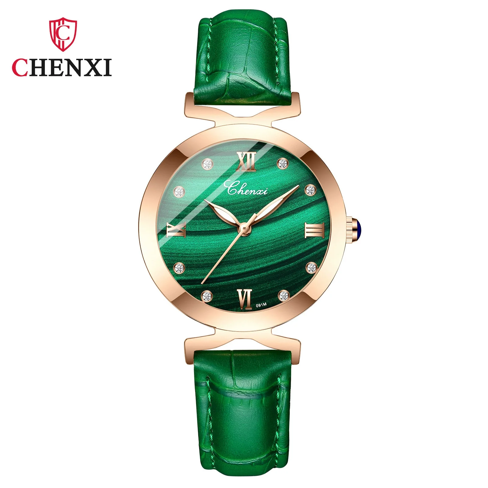 Women's Square Genuine Leather Fashion Waterproof Watch With Peacock Green Stone Pattern - Image 7