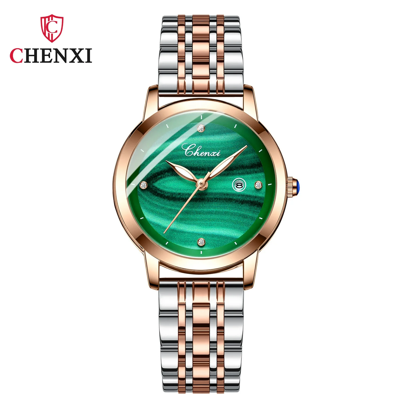 Women's Square Genuine Leather Fashion Waterproof Watch With Peacock Green Stone Pattern - Image 8