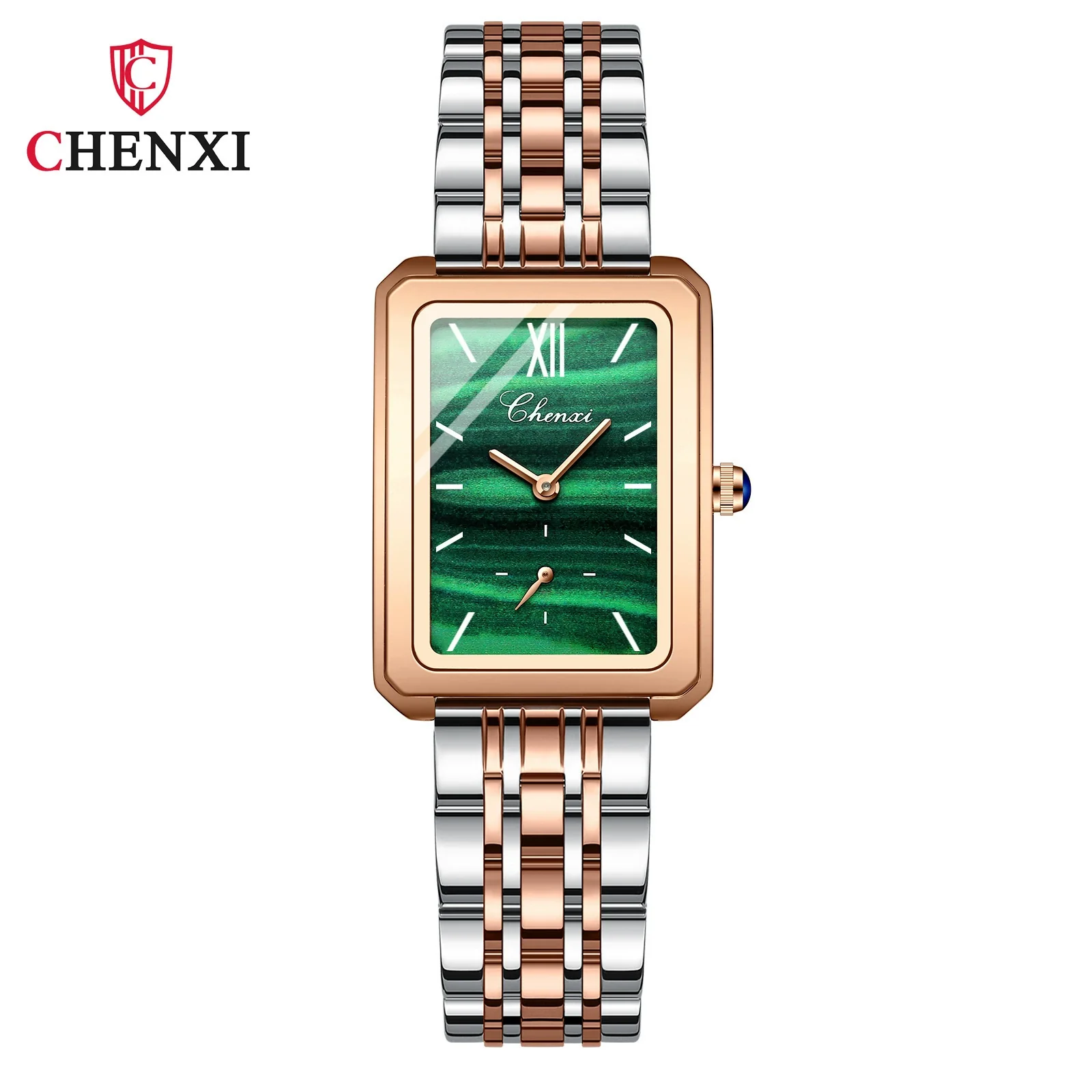 Women's Square Genuine Leather Fashion Waterproof Watch With Peacock Green Stone Pattern - Image 9
