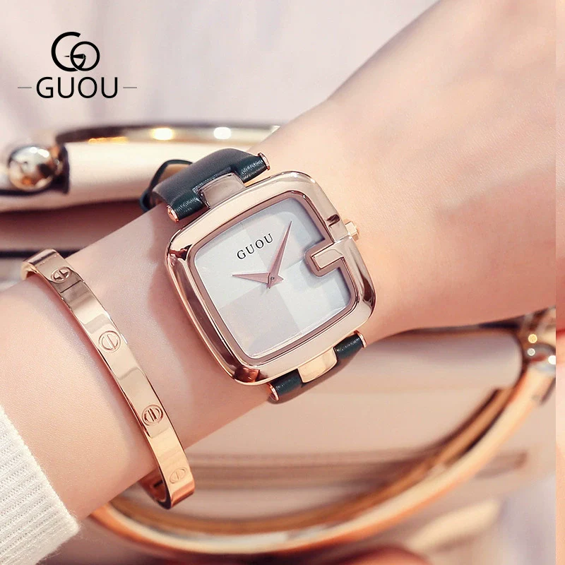 Women's Square Leisure Watch Alloy Case Genuine Leather Strap Rose Gold Clasp Mineral Strengthened Glass Mirror - Image 10