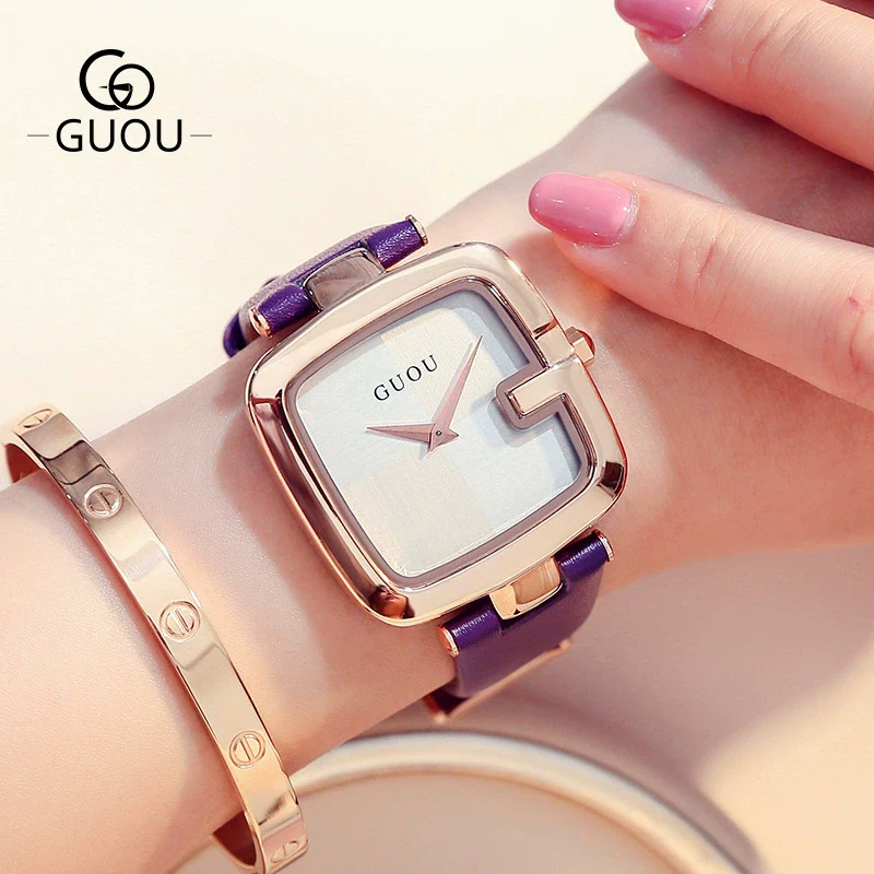 Women's Square Leisure Watch Alloy Case Genuine Leather Strap Rose Gold Clasp Mineral Strengthened Glass Mirror - Image 11