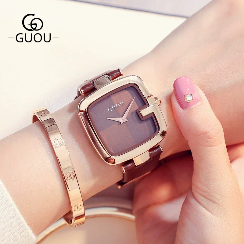 Women's Square Leisure Watch Alloy Case Genuine Leather Strap Rose Gold Clasp Mineral Strengthened Glass Mirror - Image 12
