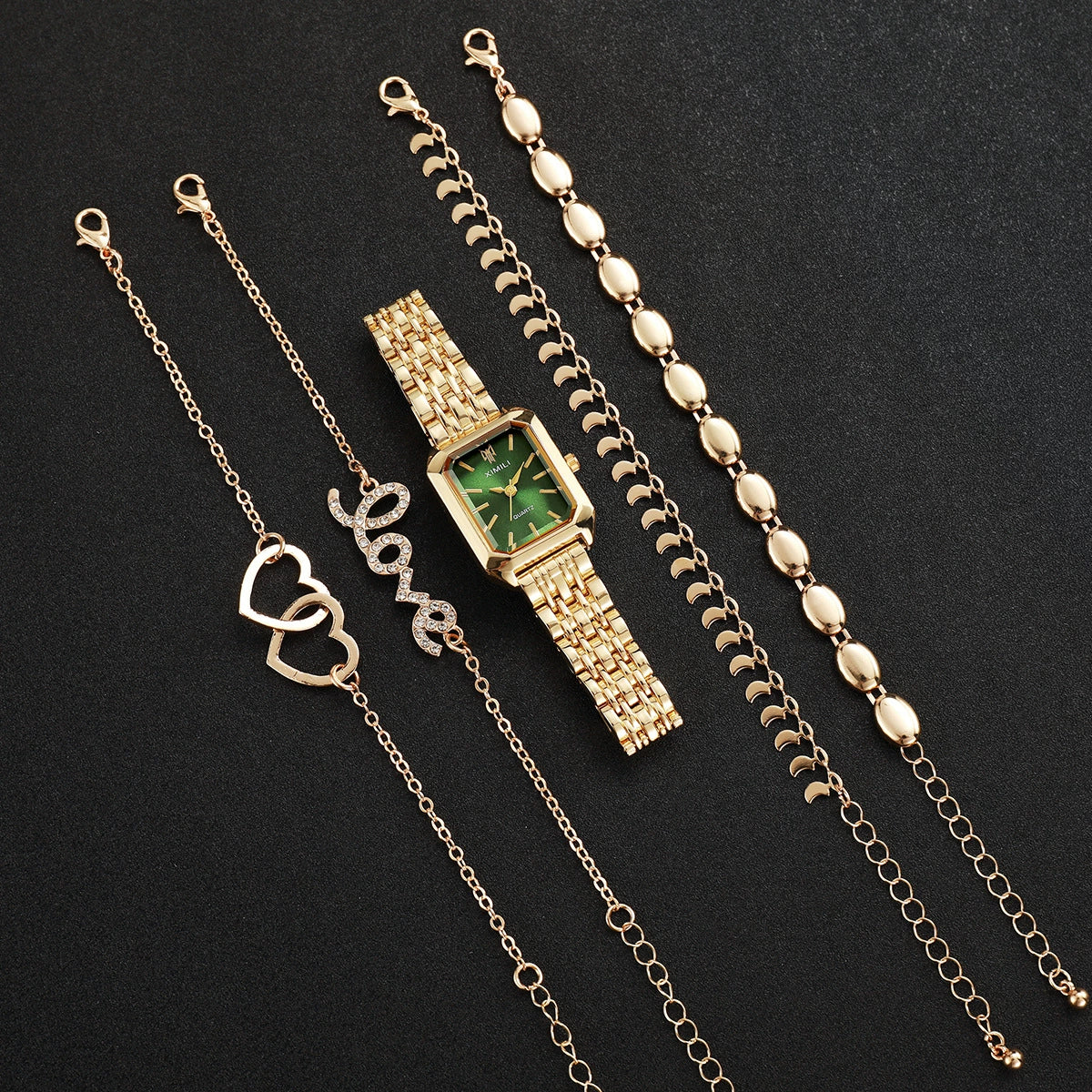 Women's Square Zinc Alloy Case Alloy Strap Quartz Watch With Heart Bracelet Leisure Style - Image 3