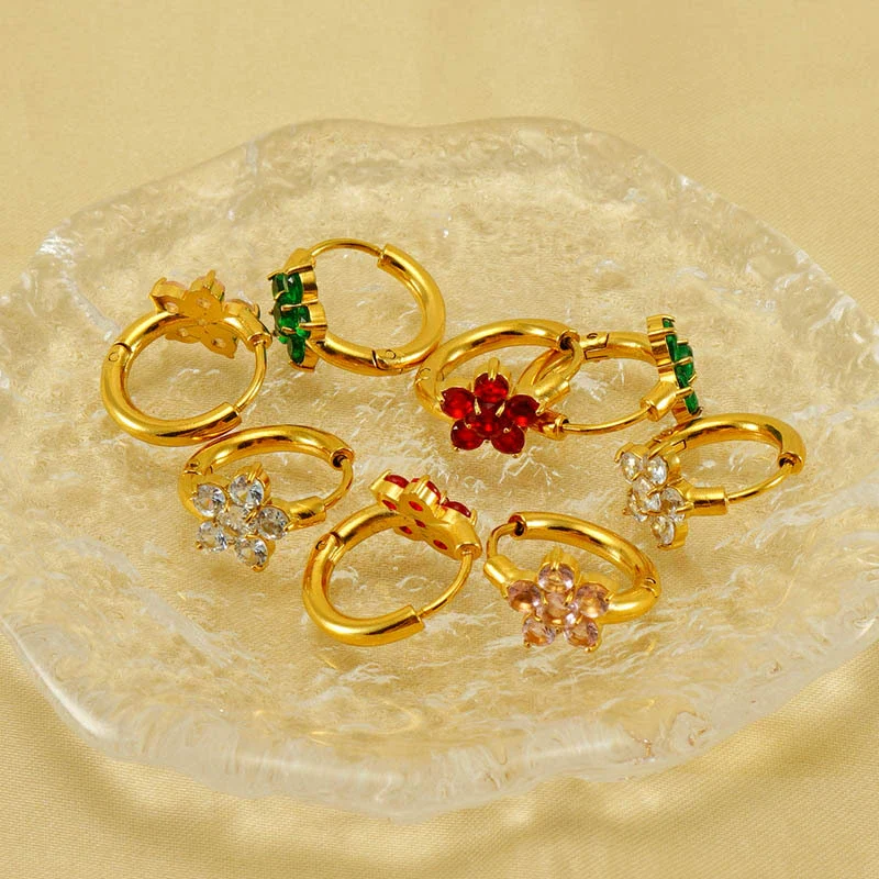 Women's 316L Stainless Steel 18K Gold Plated Flower Zircon Inlaid Earrings - Image 4