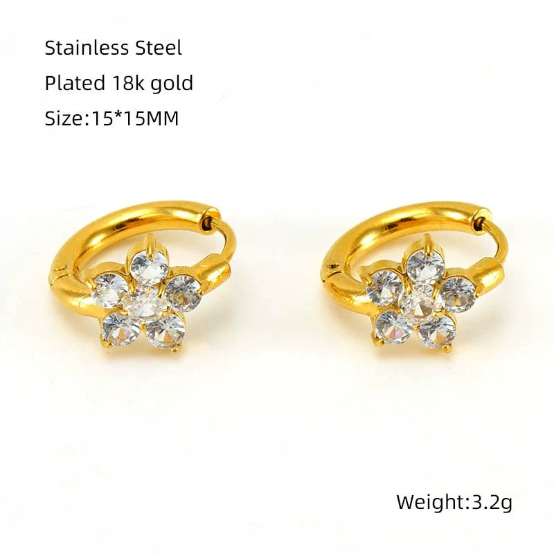 Women's 316L Stainless Steel 18K Gold Plated Flower Zircon Inlaid Earrings - Image 6