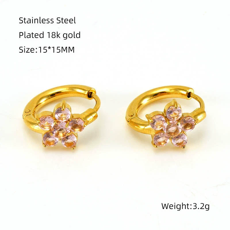 Women's 316L Stainless Steel 18K Gold Plated Flower Zircon Inlaid Earrings - Image 9