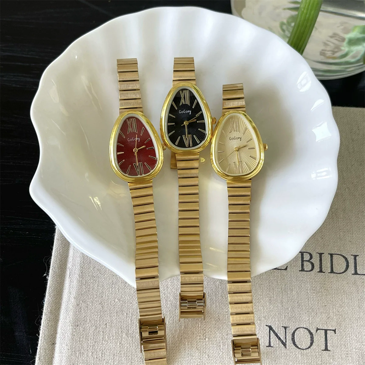 Women's Stainless Steel Alloy Band Oval Dial Medieval Style Snake Head Bamboo Band Watch