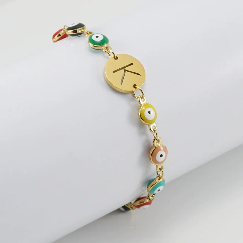 Women's Stainless Steel And 18K Gold Plated Letter Evil Eye Dripping Oil Bracelet - Image 2