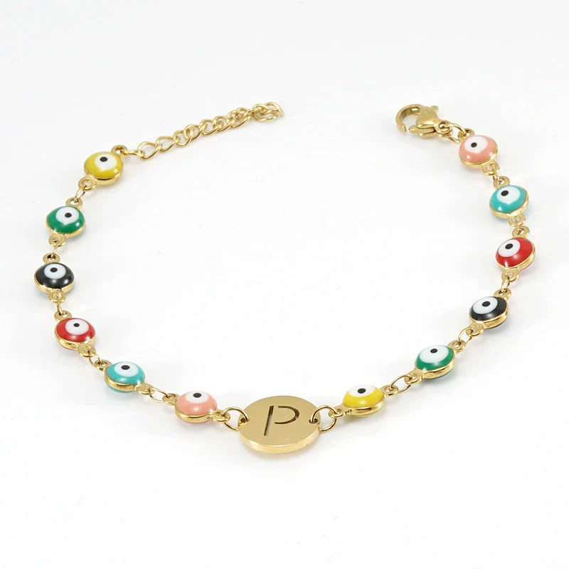Women's Stainless Steel And 18K Gold Plated Letter Evil Eye Dripping Oil Bracelet - Image 20
