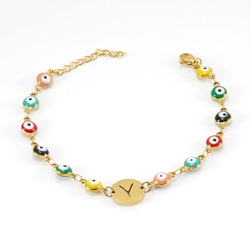 Women's Stainless Steel And 18K Gold Plated Letter Evil Eye Dripping Oil Bracelet - Image 29