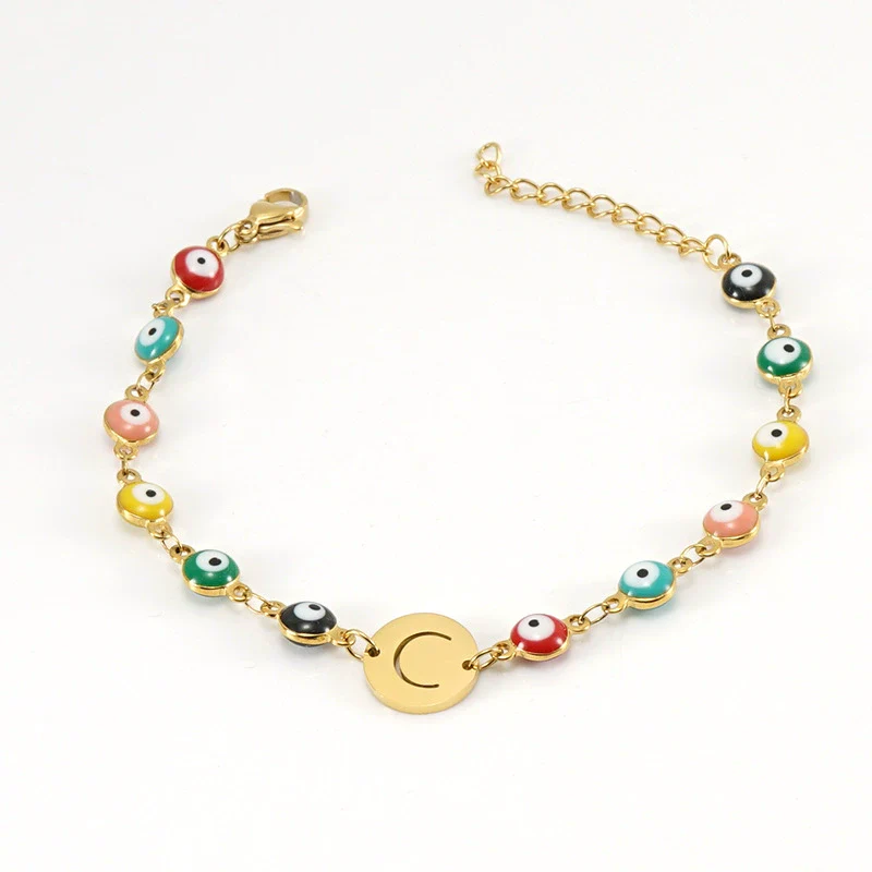 Women's Stainless Steel And 18K Gold Plated Letter Evil Eye Dripping Oil Bracelet - Image 8