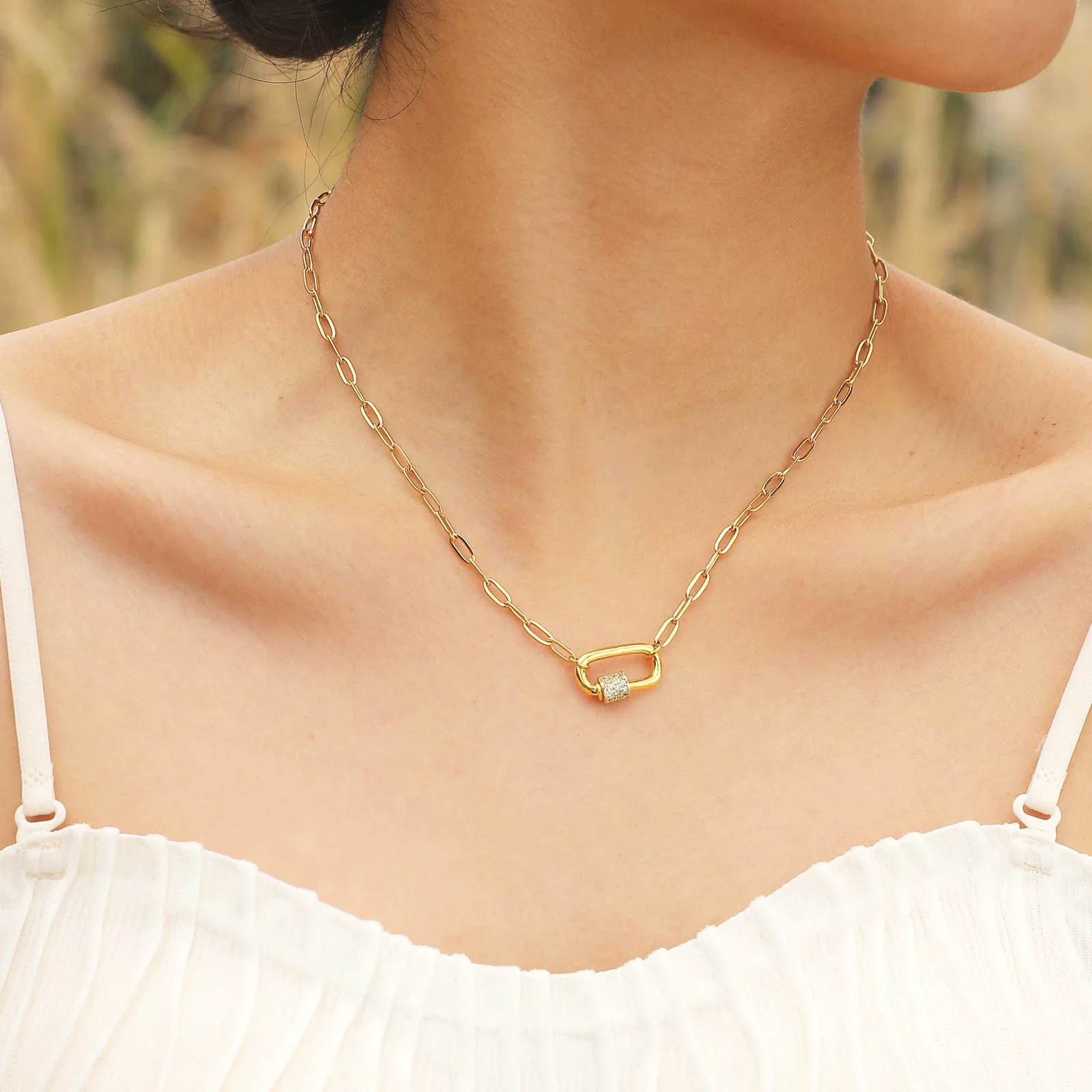 Women's Stainless Steel And Copper Geometric Pendant Necklace With Zircon And Electroplating Process - Image 3