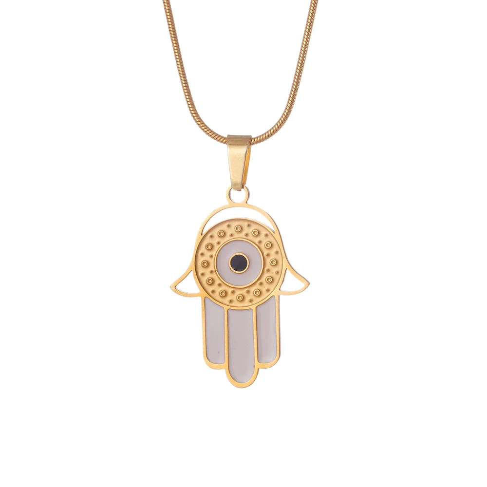Women's Stainless Steel And Copper Necklace With Palm Pattern And Angel Devil's Eye Design Electroplated O Word Chain Titanium Steel Pendant - Image 5