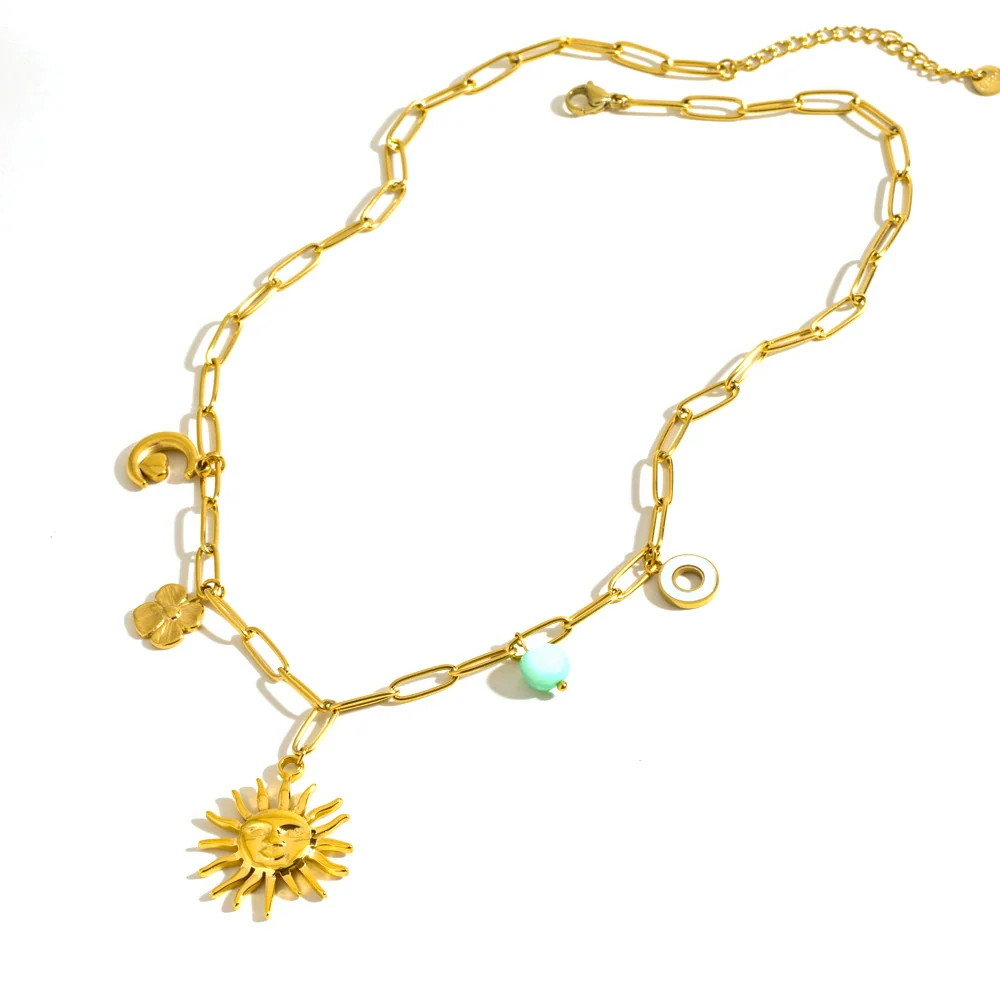 Women's Stainless Steel And Titanium Steel Geometric Sun Pendant Necklace With Electroplating And Cuban Chain - Image 5