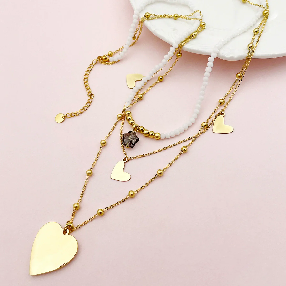 Women's Stainless Steel And Titanium Steel Heartshaped Star Pendant Multilayer Necklace With Electroplating - Image 2