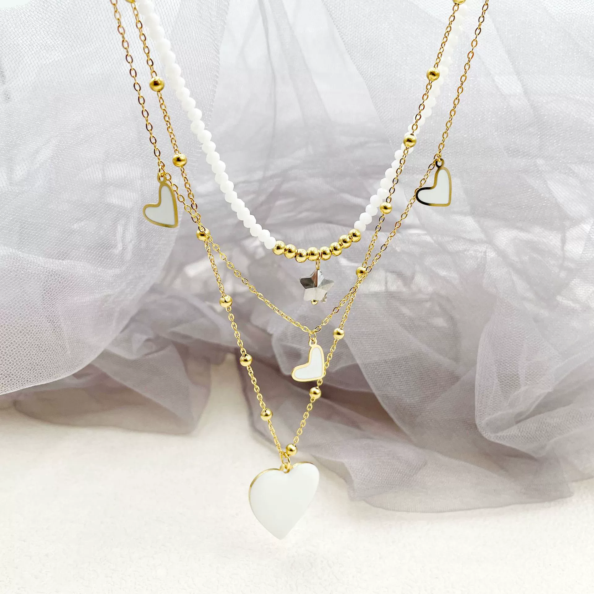 Women's Stainless Steel And Titanium Steel Heartshaped Star Pendant Multilayer Necklace With Electroplating - Image 8