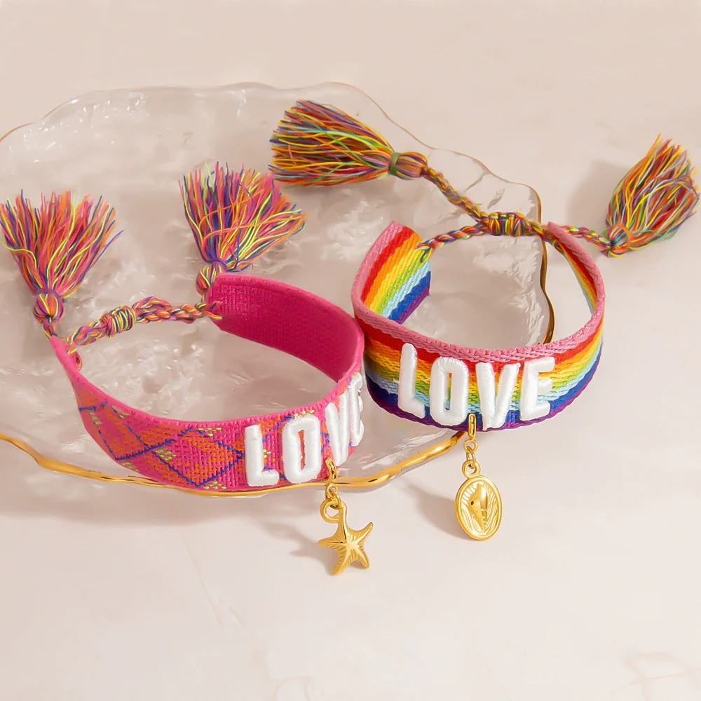 Women's Stainless Steel Braided Adjustable Bracelet With Rainbow Love Tassel Electroplating Design